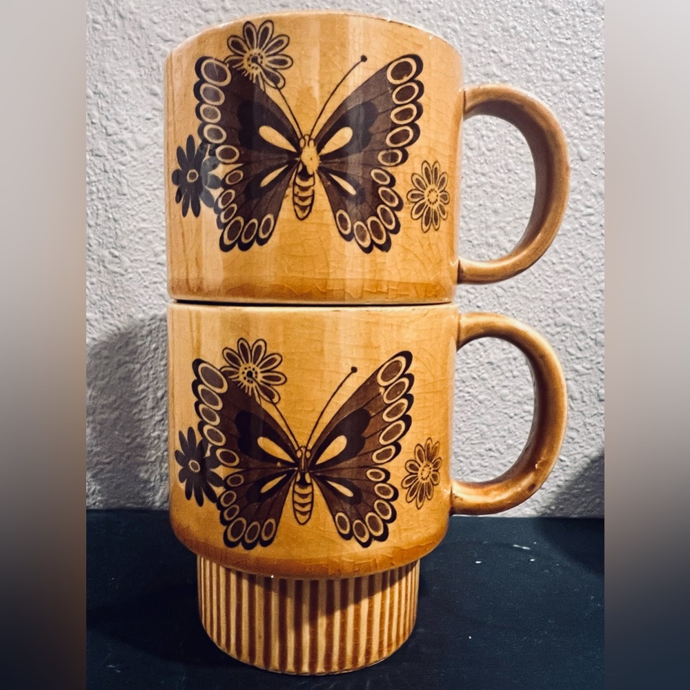 Set of 2 Vintage Mustard Yellow Stackable  Butterfly  Coffee Mugs